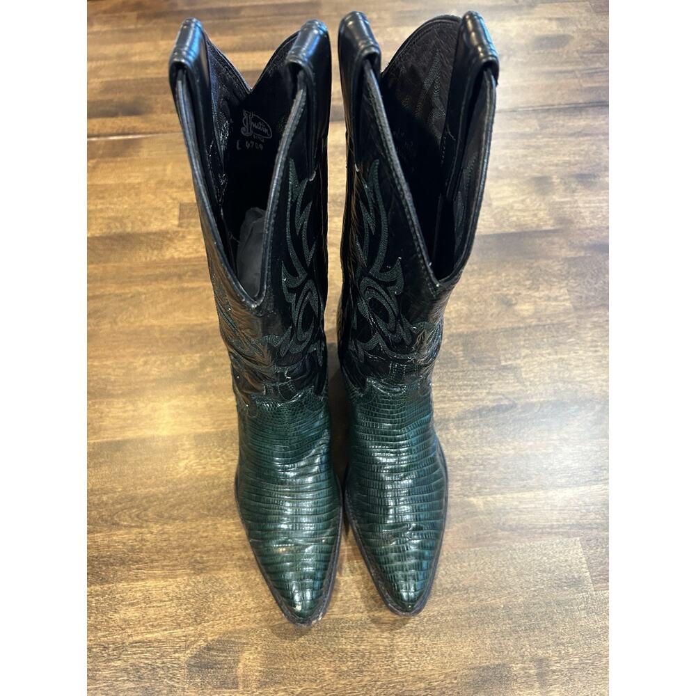 Justin Boots Black and Dark Green Leather Western Ankle Boots
